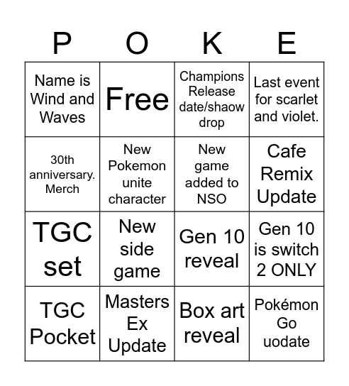 Pokémon Presents Bingo Card