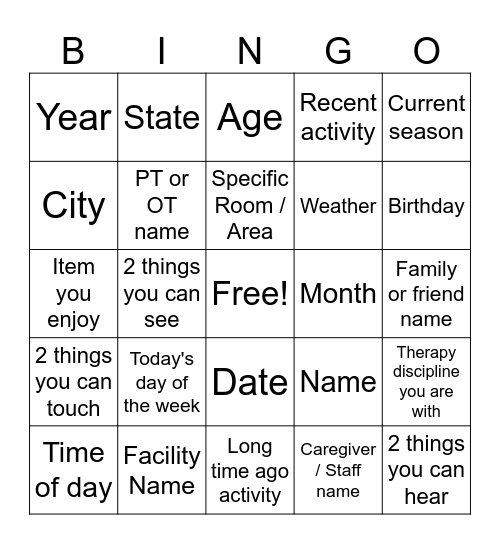 Orientation Bingo Card