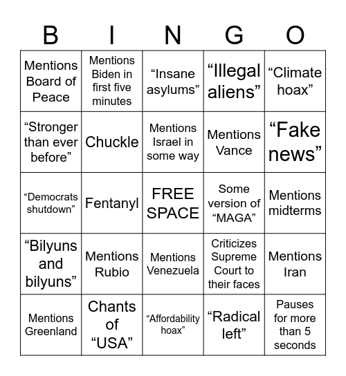 State of the Union Bingo Card