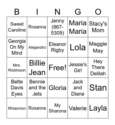 Round 2 - "Name" That Song! Bingo Card
