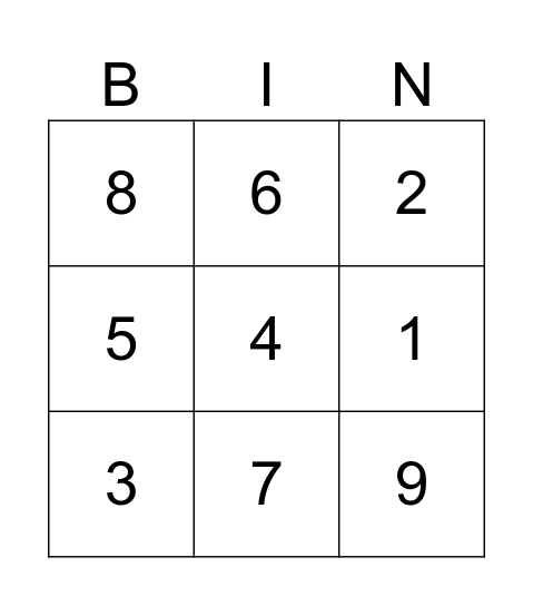 numbers Bingo Card