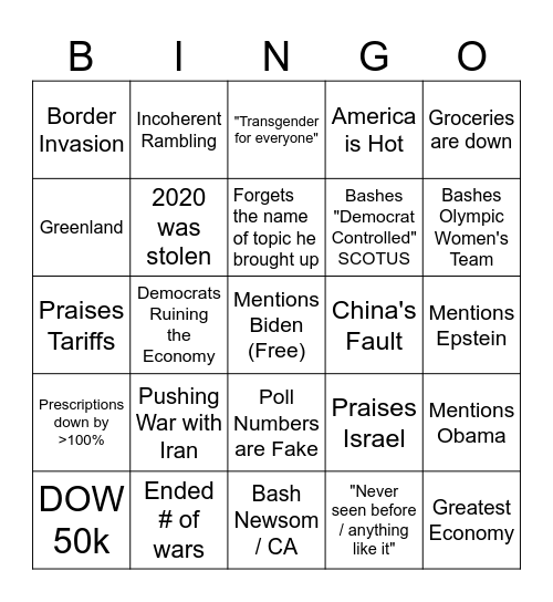 State of the Union Bingo Card