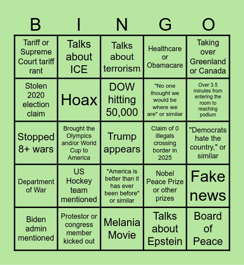 State of the Union Address BINGO Card
