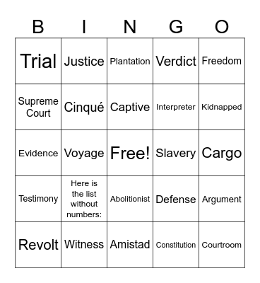 The Story of the Amistad Bingo Card