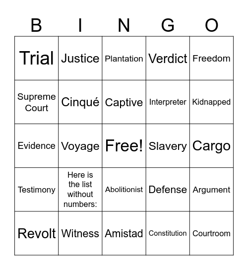 The Story of the Amistad Bingo Card