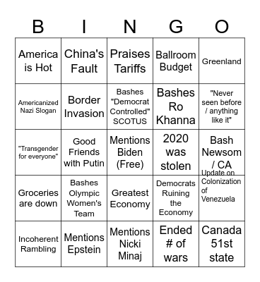 State of the Union Bingo Card