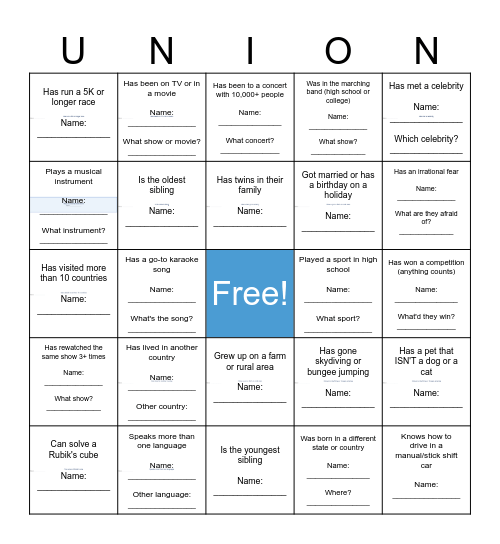 Union Bingo 2026 Bingo Card