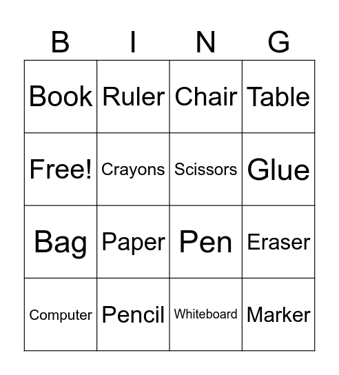 Things in classroom Bingo Card