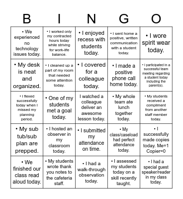 Certified Staff - Spring Break Bingo Card
