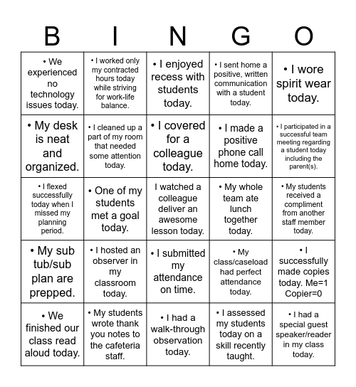Certified Staff - Spring Break Bingo Card