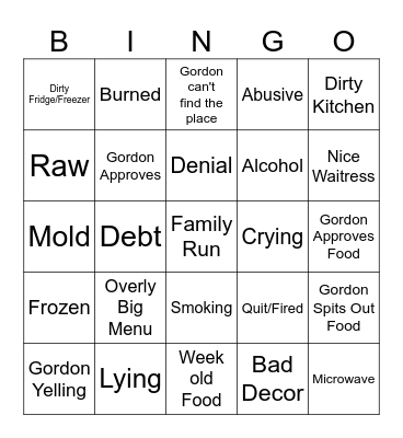 Kitchen Nightmares Bingo Card
