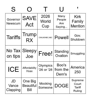 State of The Union Bingo Card