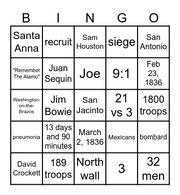 Battle of the Alamo 2026 Bingo Card