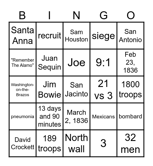 Battle of the Alamo 2026 Bingo Card