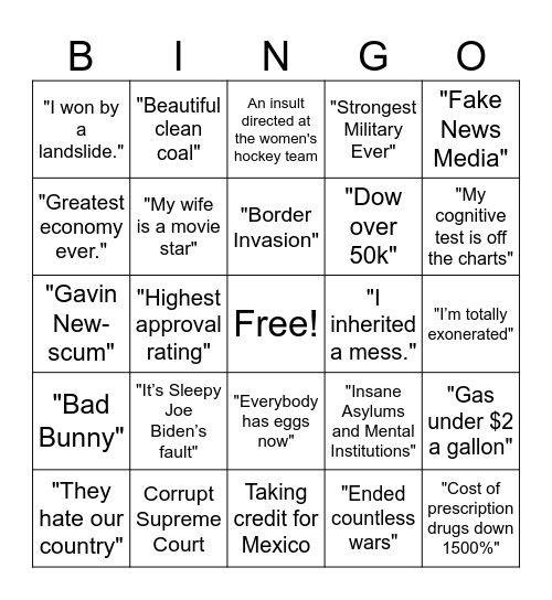 Heard during the State of the Union Address Bingo Card