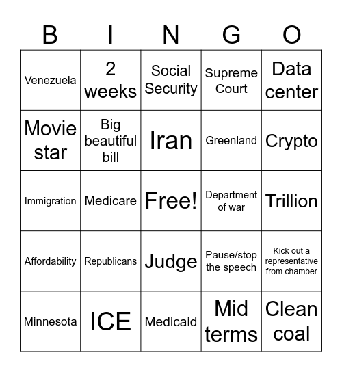 2026 State of the Union Bingo Card