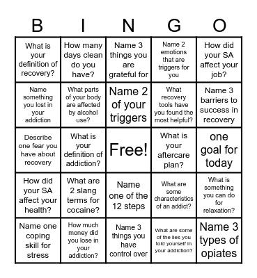Recovery Bingo! Bingo Card