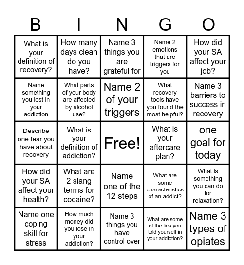 Recovery Bingo! Bingo Card