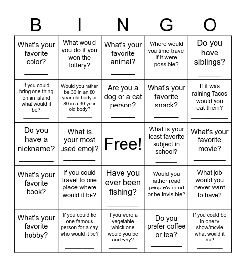 Social Bingo Card