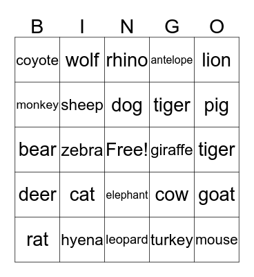 Animals Bingo Card