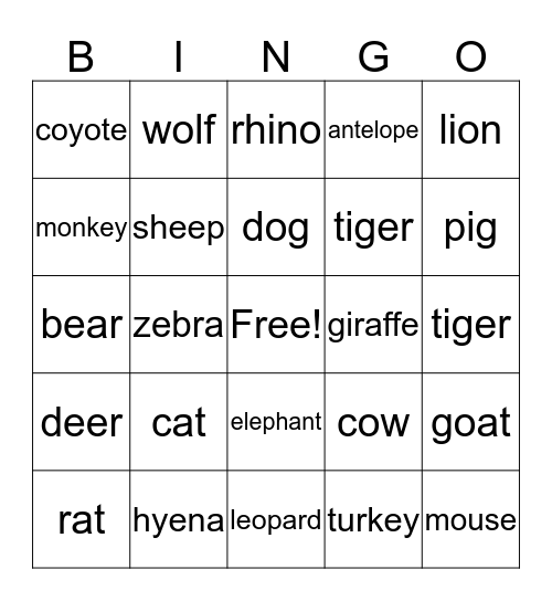 Animals Bingo Card