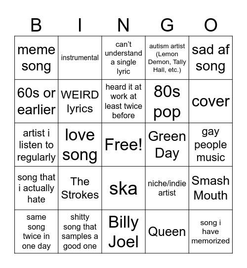 music at work bingo Card