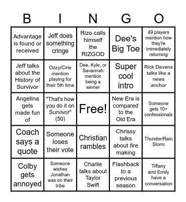 SURVIVOR 50 PREMIERE Bingo Card