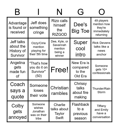 SURVIVOR 50 PREMIERE Bingo Card
