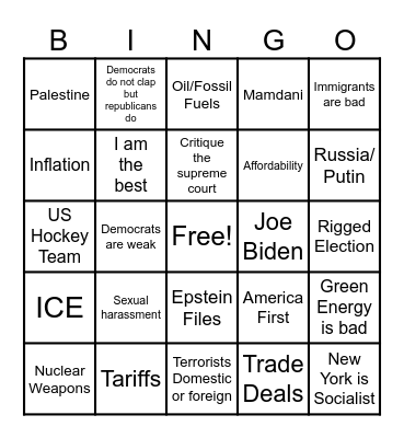 Trumps Terrible State of the Union 2026 Bingo Card
