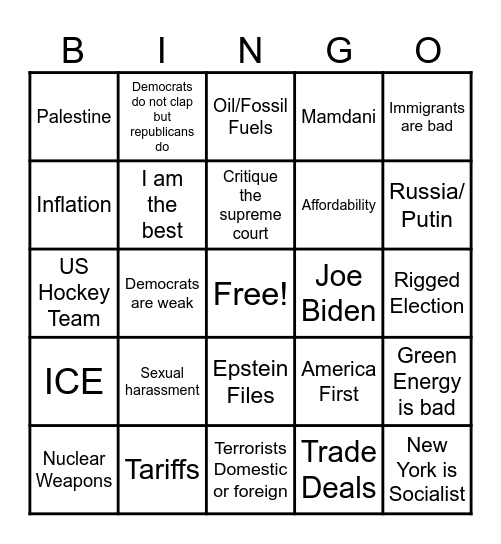 Trumps Terrible State of the Union 2026 Bingo Card
