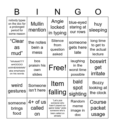 Bosworth Bingo Card