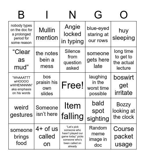 Bosworth Bingo Card
