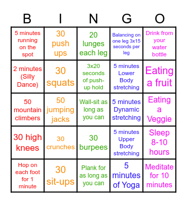 Fitness Bingo Card