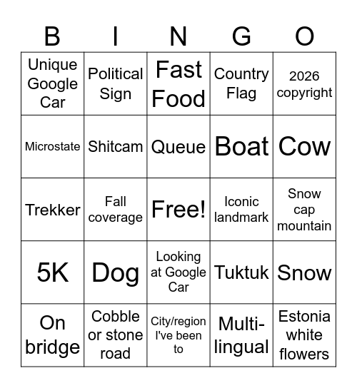 Geoguessr Bingo! Bingo Card