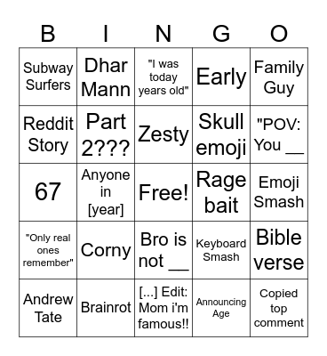 Youtube Shorts / Youtube Shorts Comments Bingo Card
