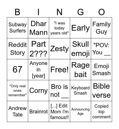Youtube Shorts / Youtube Shorts Comments Bingo Card