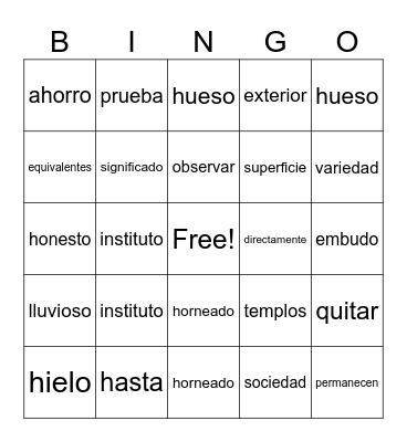 Vocabulario Lista 4 Bingo Card