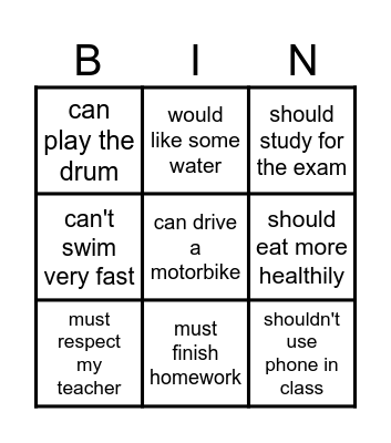 Modal verbs Bingo Card