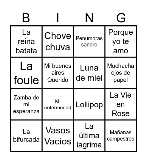 Andina bingo Card