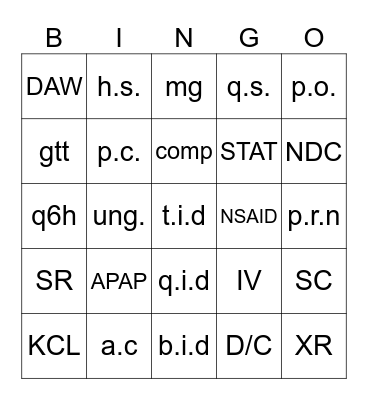 Pharmacy Technician Bingo Card
