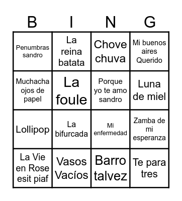 Andina bingo Card