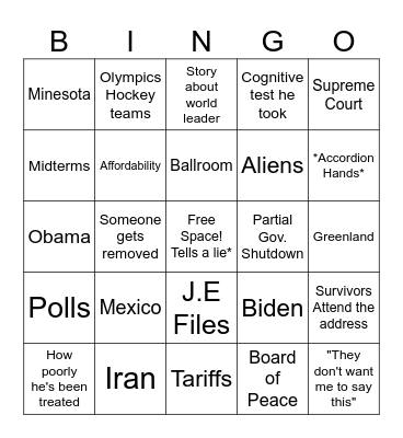 State of the union mentions Bingo Card