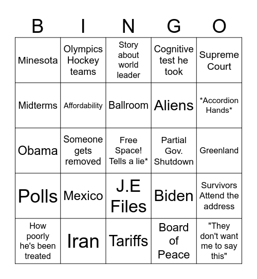 State of the union mentions Bingo Card