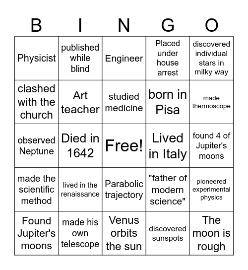 Galileo Bingo Card