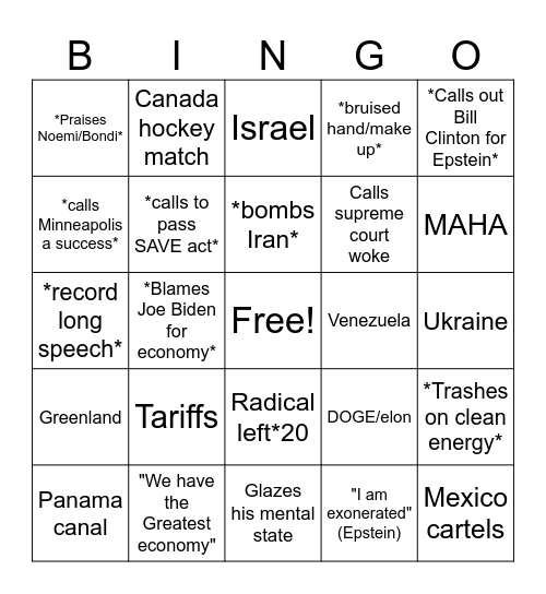 State of the Union Bingo Card