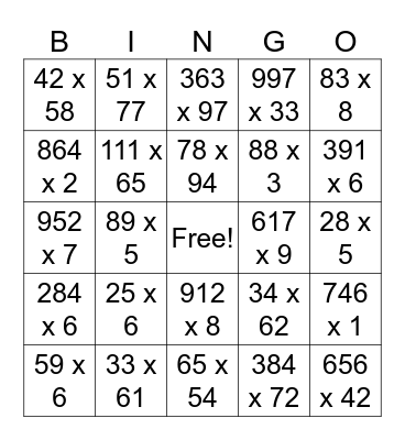 Multiplication Bingo 1 Bingo Card