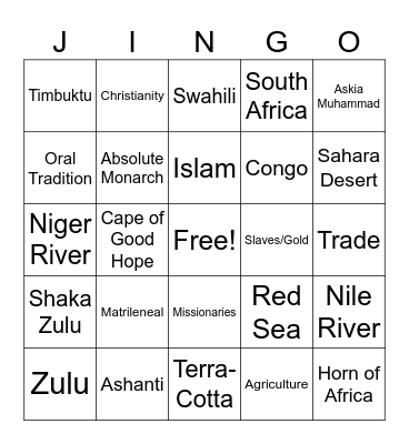 African Kingdoms and Empires Jingo Bingo Card