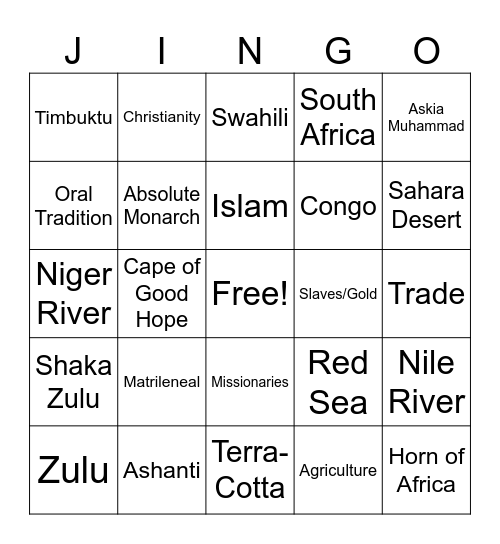 African Kingdoms and Empires Jingo Bingo Card
