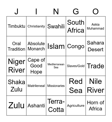African Kingdoms and Empires Jingo Bingo Card