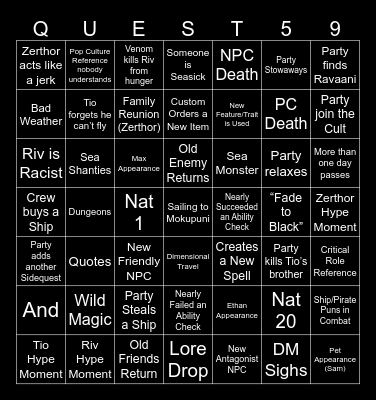 Questicles Session 59 Bingo Card